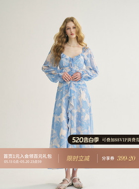 从那以后蓝色碎花收腰连衣裙仙女风长袖裙子度假荷叶边长裙女春季