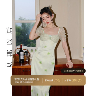 连衣裙女夏季 从那以后 气质方领法式 蕾丝拼接长裙修身 雾岛清酒