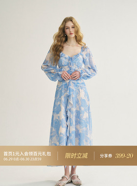 从那以后蓝色碎花收腰连衣裙仙女风长袖裙子度假荷叶边长裙女春季