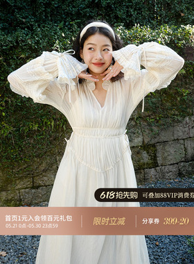 从那以后浮梦流萤白色连衣裙茶歇法式长袖温柔风v领仙女长裙度假