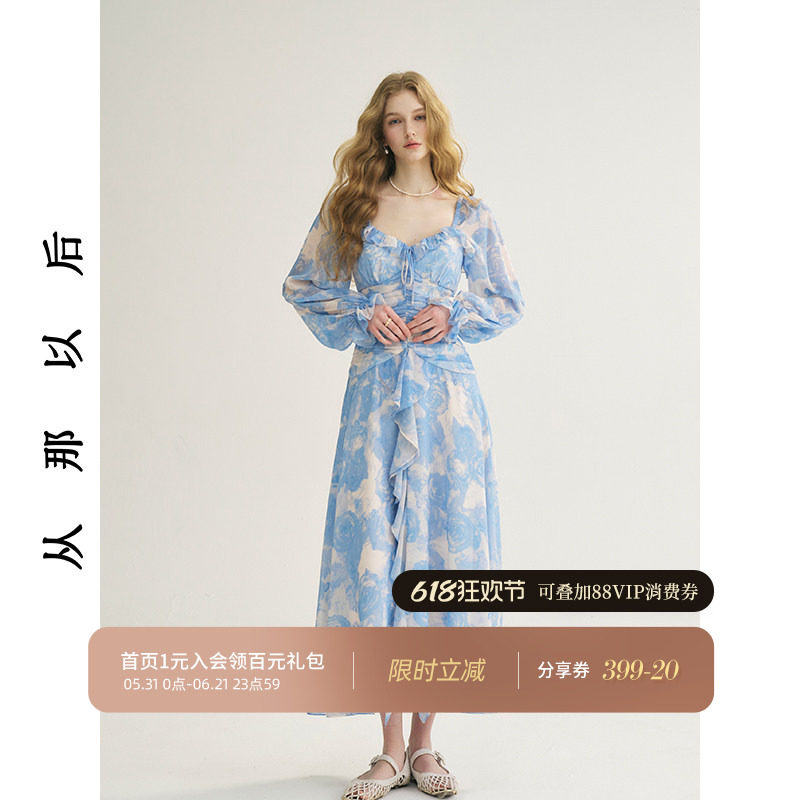 从那以后蓝色碎花收腰连衣裙仙女风长袖裙子度假荷叶边长裙女春季