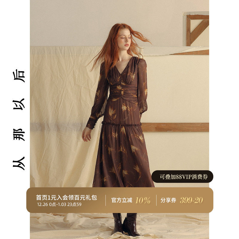 从那以后法式泡泡袖连衣裙秋季雪纺碎花裙茶歇裙子礼服长裙女秋冬