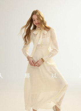 从那以后晨祷日记法式复古连衣裙白色长袖简约裙子蝴蝶结系带裙子