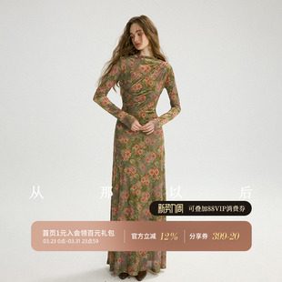 长裙复古春季 连衣裙绿色长袖 风碎花裙一字领长款 从那以后丝绒法式