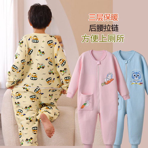 宽松儿童纯棉三层薄棉保暖连体衣