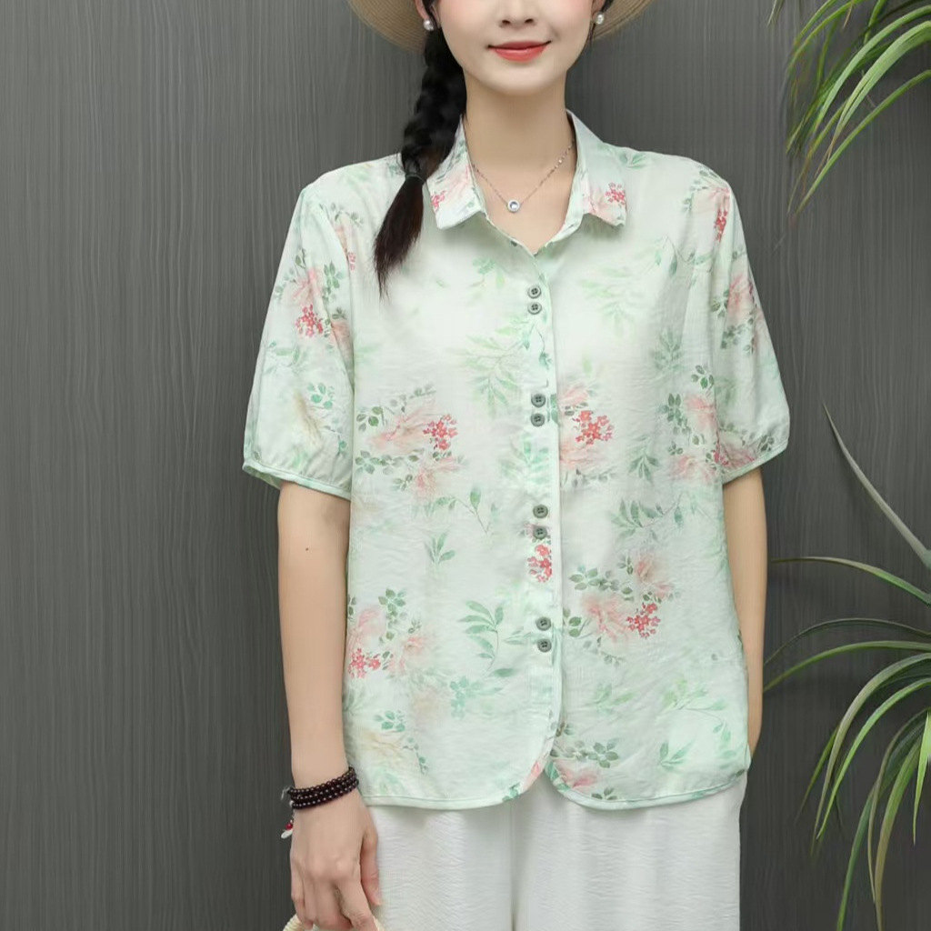 2025年新款夏季天丝麻衬衫女印花文艺复古宽松大码短袖开衫女上衣