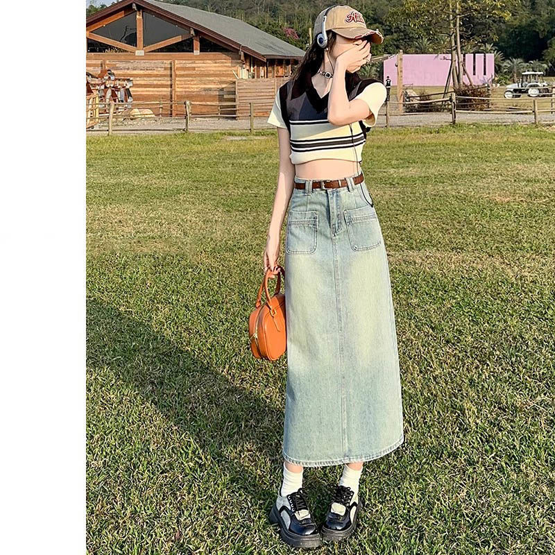 后开叉牛仔半身裙女2025夏季新款小众韩版高腰显瘦直筒中长裙子潮