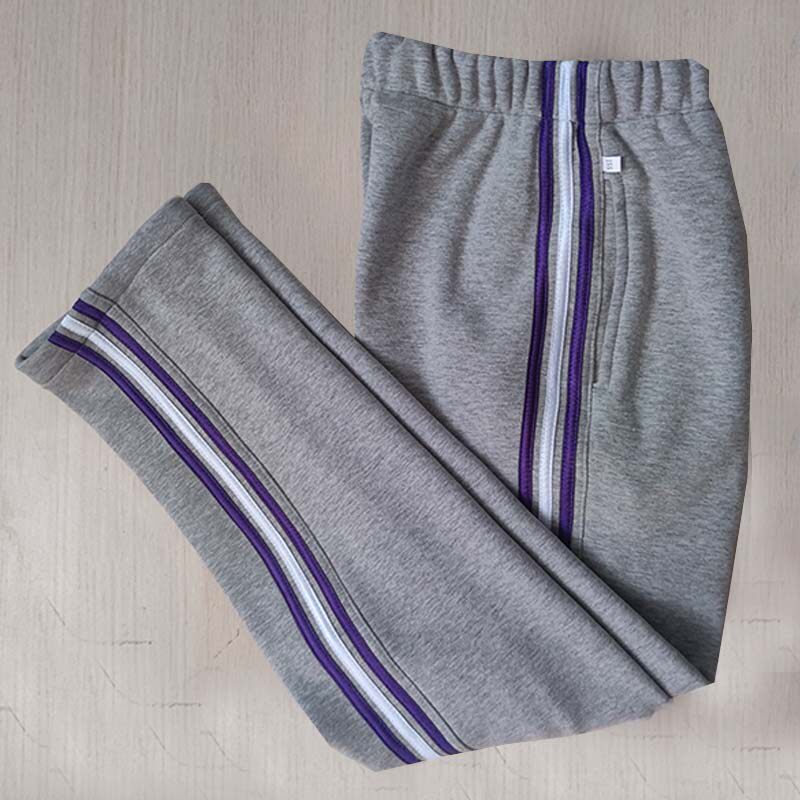 加厚加绒校服裤子初中生男女冬季浅灰色紫白紫三道杠休闲运动长裤