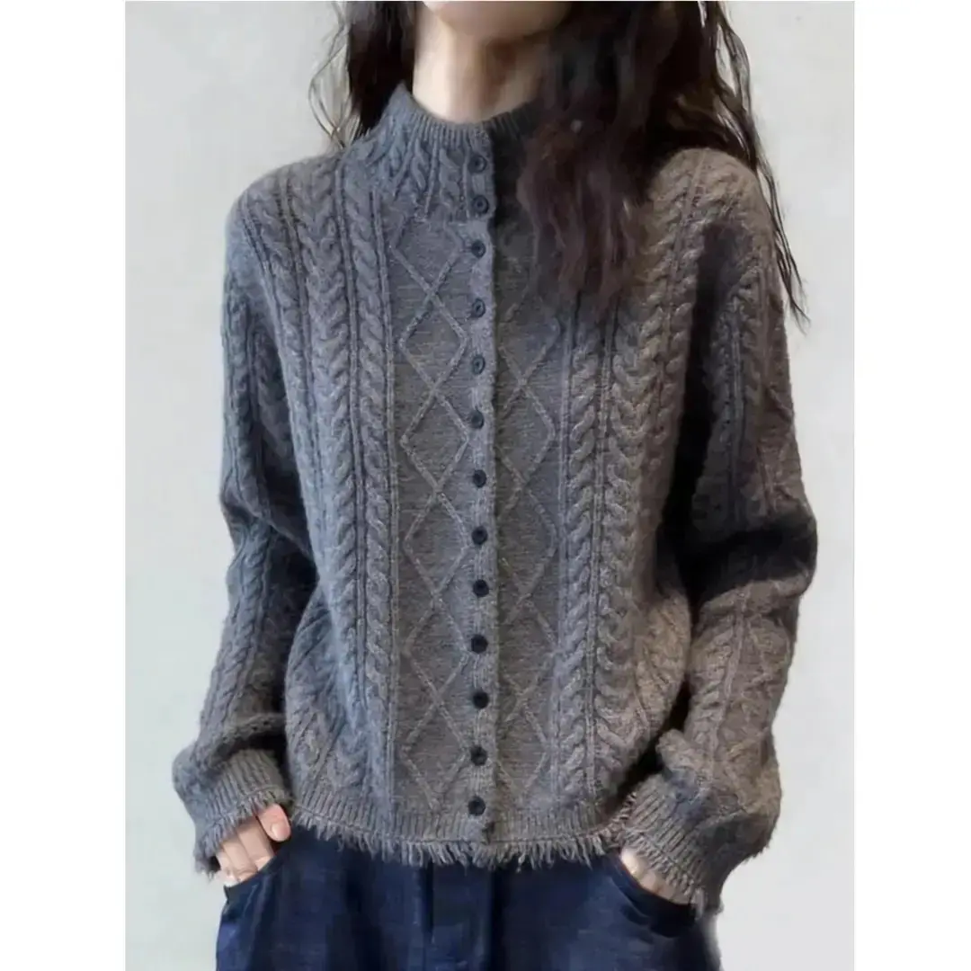 100%正品撤柜欧货灰色麻花针织开衫春秋新款慵懒风宽松显瘦外套