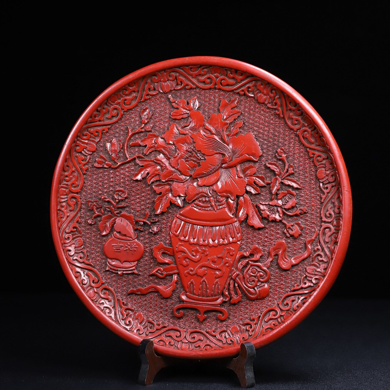 古玩杂项古董怀旧老式剔红满雕漆器吉祥如意赏盘装饰摆件收藏送礼