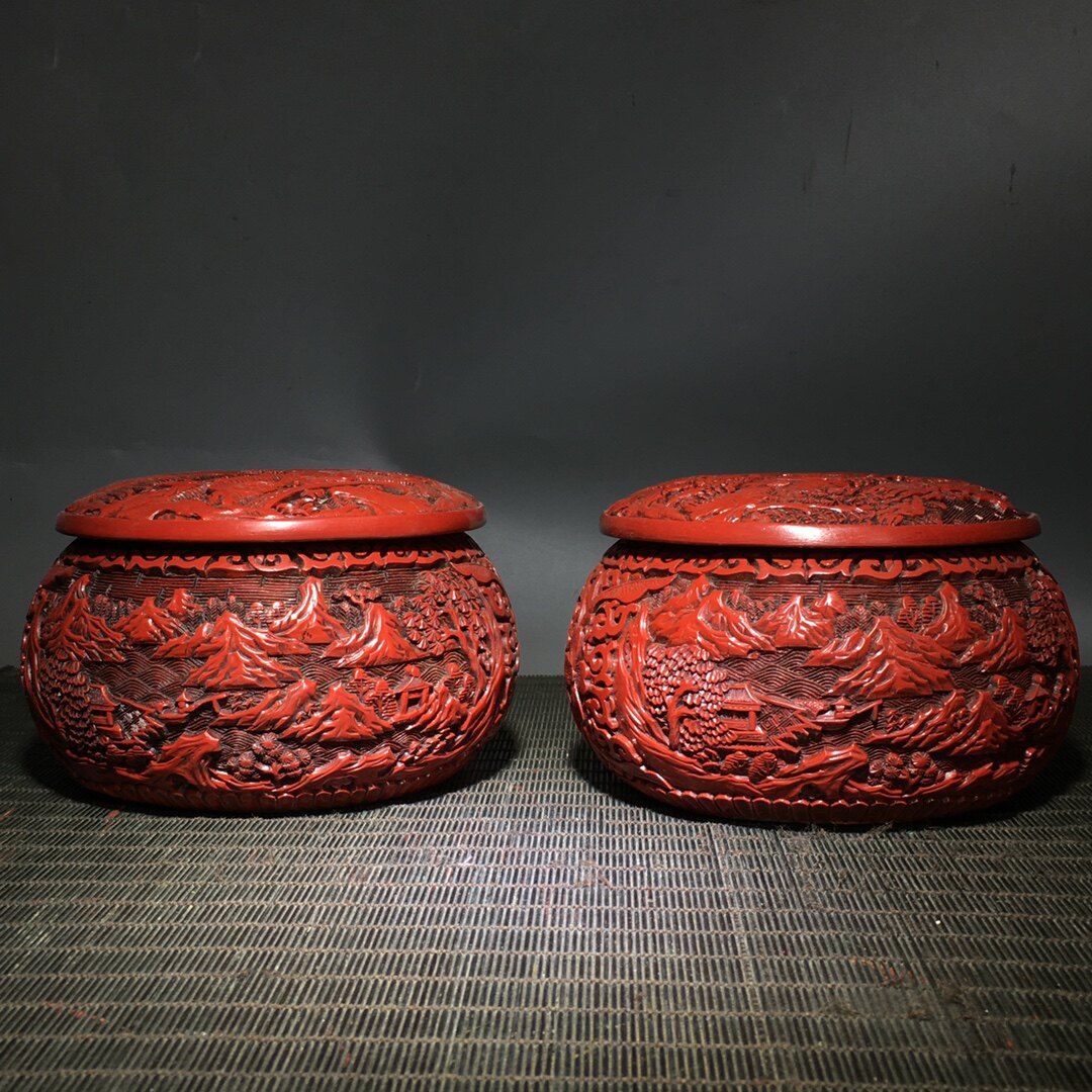 古玩杂项古董旧藏漆器浮雕山水图围棋罐一对民俗怀旧棋桌装饰摆件