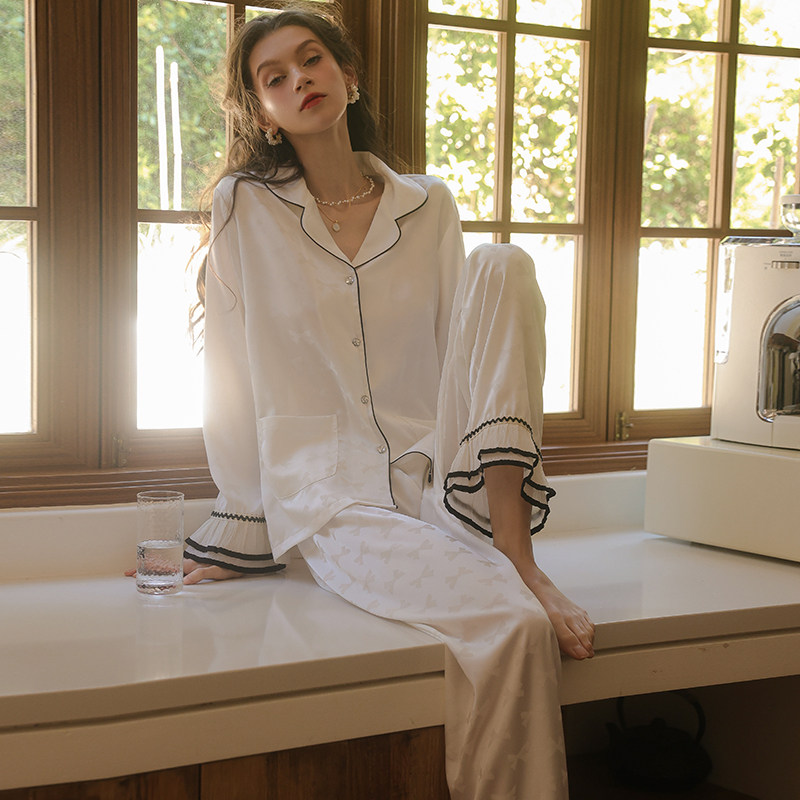 柠檬太太性感睡衣女春秋季新款冰丝长袖家居服蕾丝拼接撞色可外穿