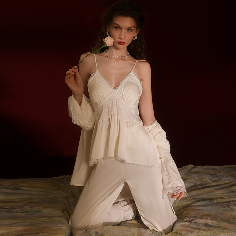 赵露思同款春秋睡衣女纯欲风冰丝长袖带胸垫三件套蕾丝睡衣套装女