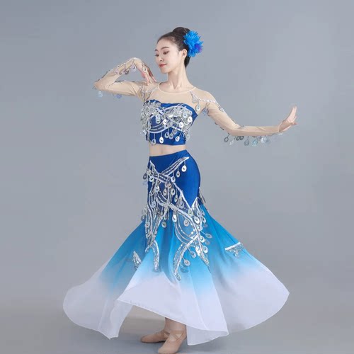 新傣族舞蹈演出服女童孔雀舞包臀鱼尾裙少儿优质民族水之灵表演服