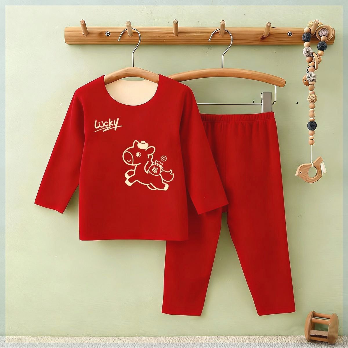 儿童保暖内衣套装加绒加厚马年红色内搭秋冬季秋衣裤2026本命年男