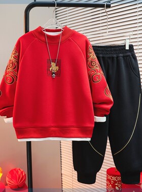 超加绒加厚卫衣套装冬季红色年服套装26冬装中大童男孩喜庆两件套