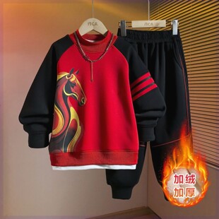 儿童大红色卫衣套装男童冬装2026中大童加绒两件套喜庆年服卫衣潮
