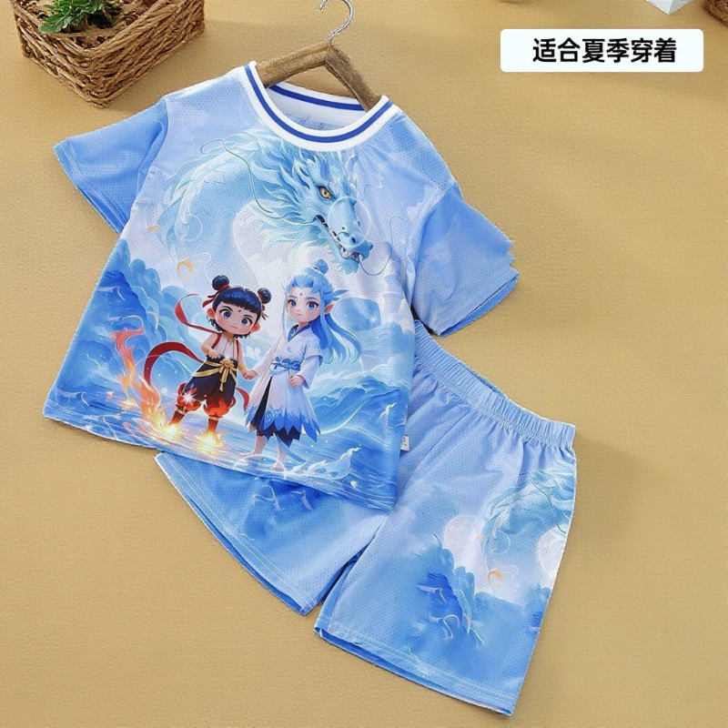 。儿童棉麻套装套装哪吒敖丙带灯衣服夏装短袖儿童运动两件套短裤