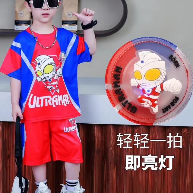 衣服男童发光套装夏款儿童超人夏装小童卡通短袖速干两件套