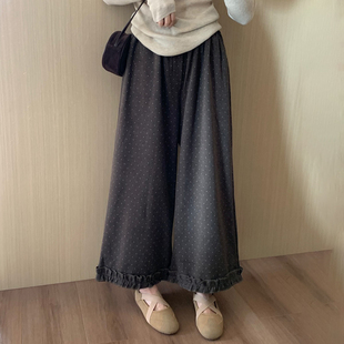 话里甜美高弹自然腰花边波点裤子2025秋季新款韩版百搭休闲直筒裤