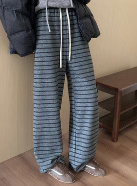 话里宽松羊绒加绒条纹裤2024冬季新款韩版百搭休闲洋气直筒长裤女
