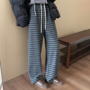 百搭休闲洋气直筒长裤 话里宽松羊绒加绒条纹裤 韩版 新款 女 2024冬季