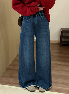 话里简约风基础款牛仔裤2026冬季新款韩版休闲宽松显瘦直筒长裤女