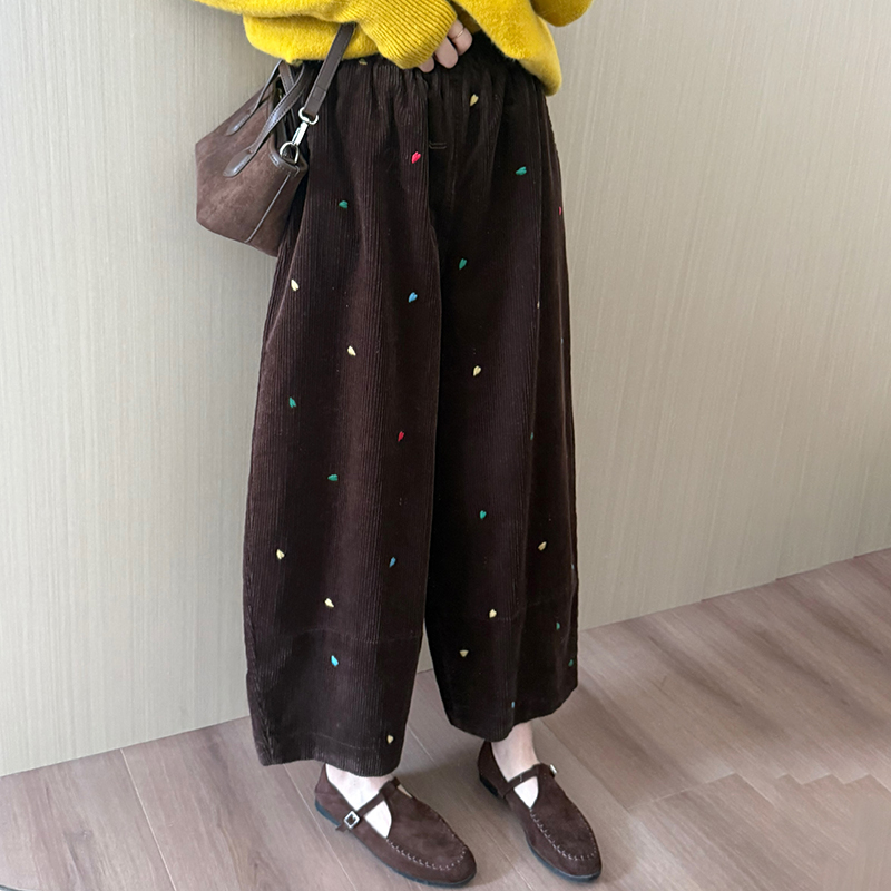 话里休闲彩色波点加厚灯芯绒裤子2025秋季新款保暖显瘦直筒长裤女