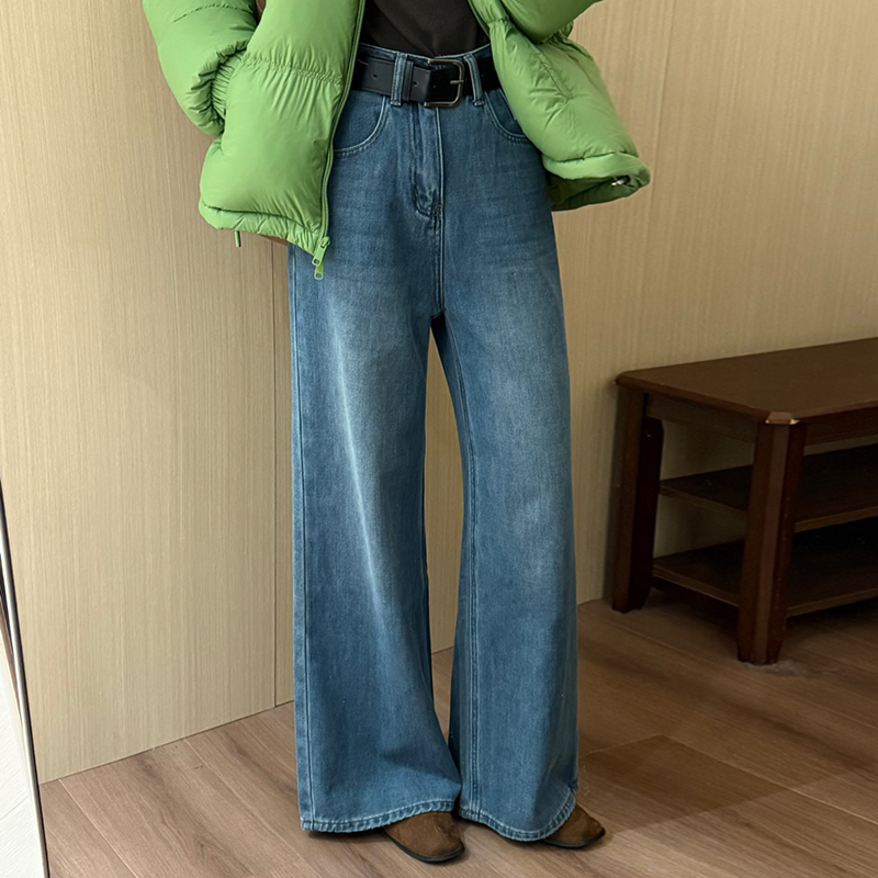 话里三色腰带牛仔裤加绒2025秋季新款韩版百搭休闲减龄直筒长裤女