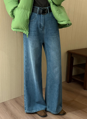 话里三色腰带牛仔裤加绒2025秋季新款韩版百搭休闲减龄直筒长裤女