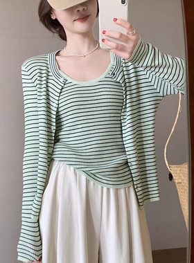话里甜美免搭配条纹两件套2026夏季新款减龄气质百搭上衣套装女