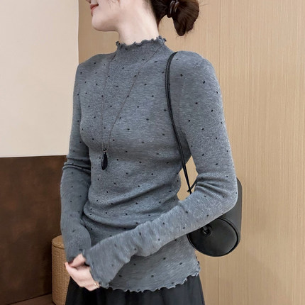 话里半高领波点打底衫2025冬季新款韩版修身显瘦百搭款上衣内搭女