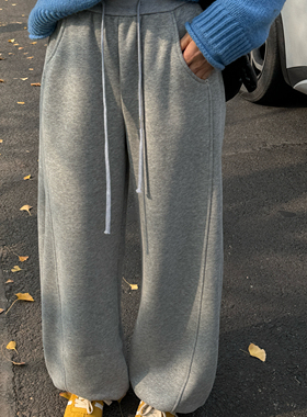 话里简约风高腰加绒加厚卫裤2025秋季新款保暖休闲直筒运动长裤女