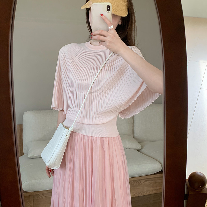 话里淑女风一片式针织上衣2026夏季新款韩版设计感宽松显瘦短袖女
