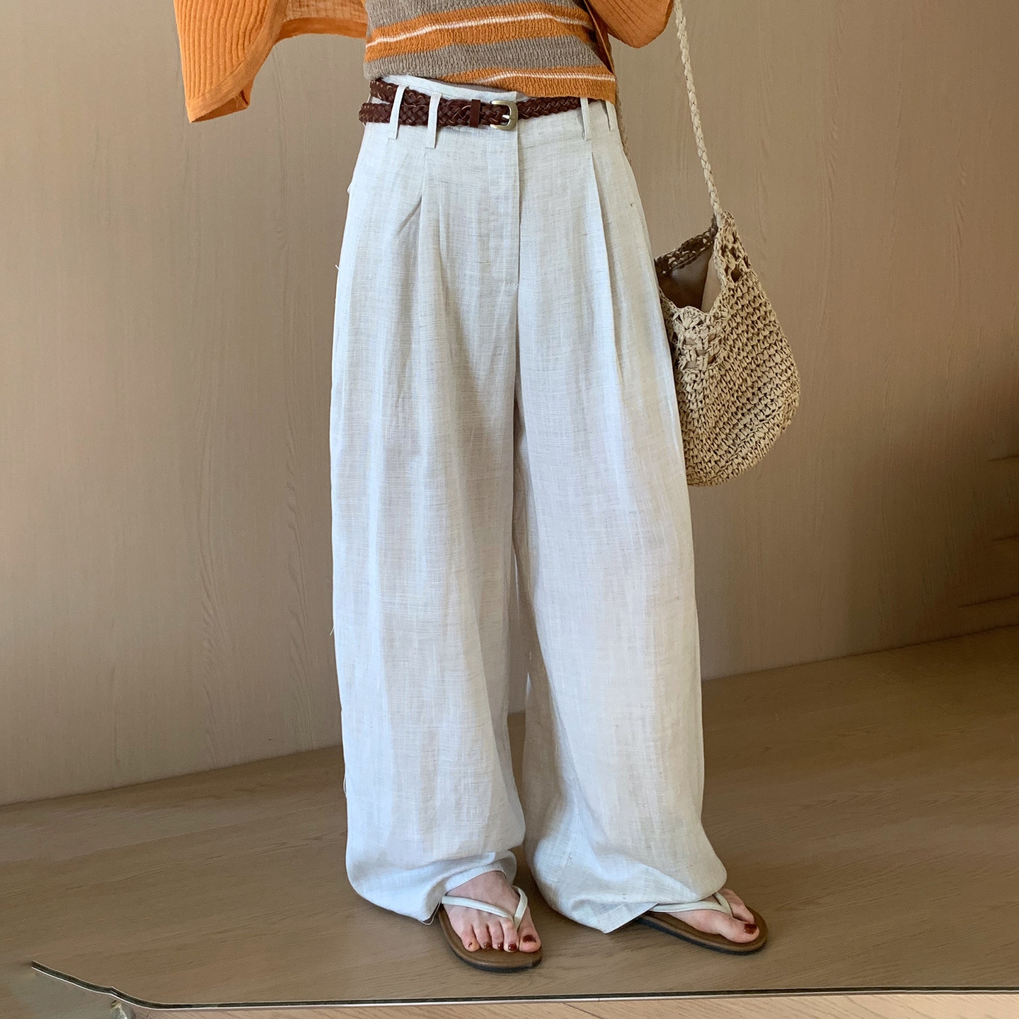 话里简约风麻花腰带休闲裤2026夏季新款韩版显瘦宽松直筒长裤女