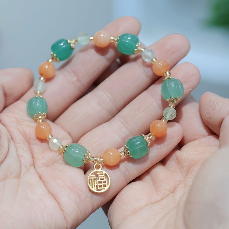 名族风天然金丝玉手串新疆彩玉女南瓜桶珠吊福牌玉石手链寺庙同款