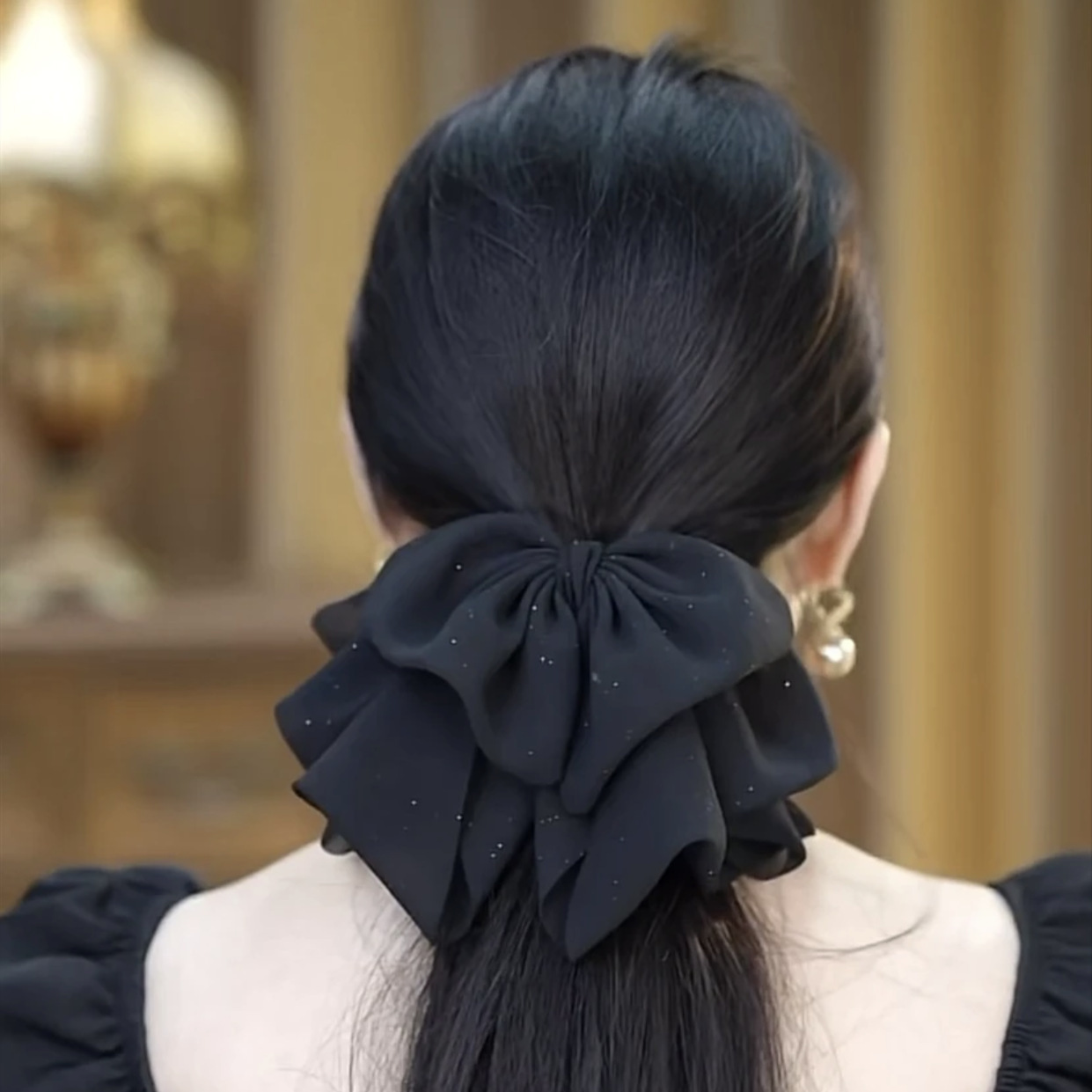 新款女黑色满天星网纱蝴蝶结抓夹后脑勺鲨鱼夹大号盘发气质发夹子