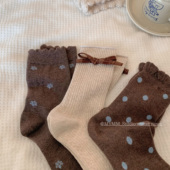 海盐可露丽 蓝棕配色～蝴蝶结条纹格子学院风短袜