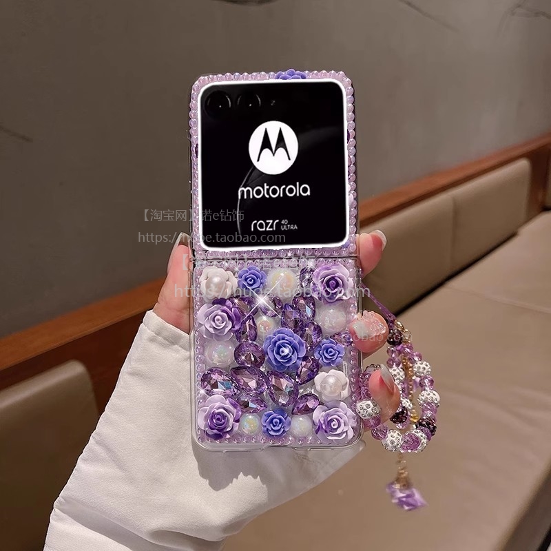 适用摩托罗拉razr60pro手机壳50ultra折叠屏40水钻玫瑰花小米mixflip2荣耀magicV奢华手链W25三星zflip6/7女