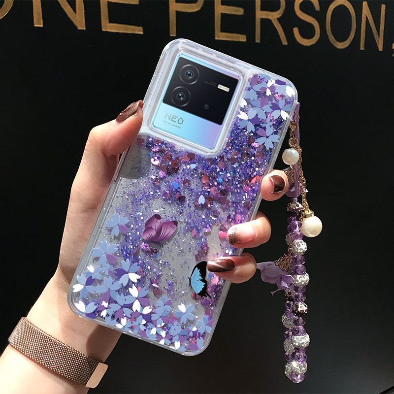 适用于vivoiQOONeo6手机壳iQOO6SE闪粉流沙iQOOneo7竞速版SE创意iQOO10彩绘蝴蝶iQOO11Pro液态流动iQOO全包防