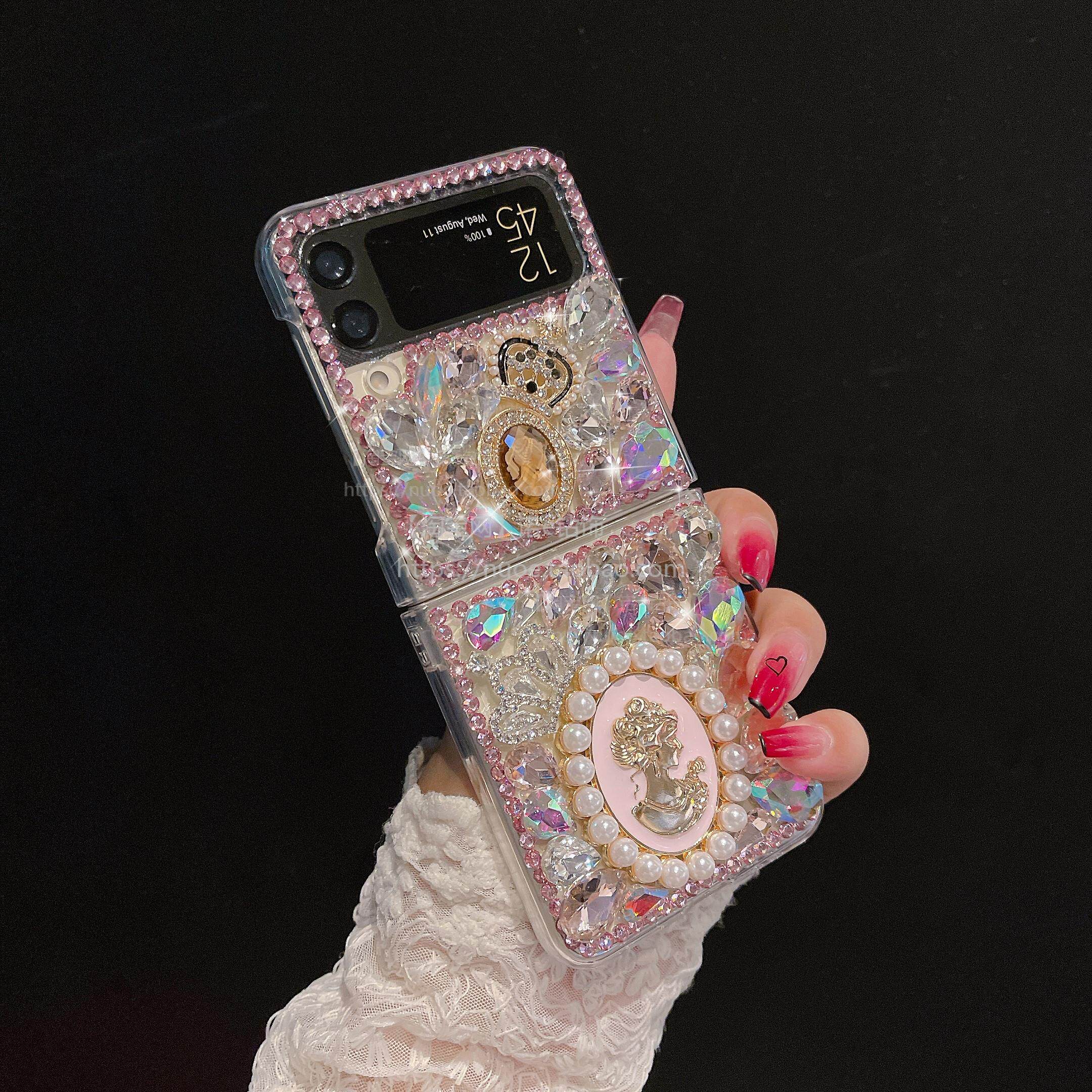适用三星折叠zflip4带钻手机壳zflip3时尚高档Galaxyzflip5心系天下透明防摔韩潮流仙女7110闪钻全包W23flip