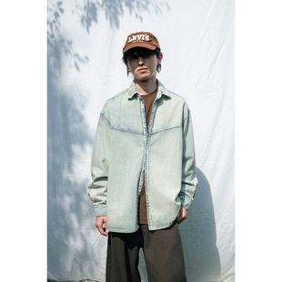 男 重磅水洗丹宁浅蓝牛仔衣衬衫 拼接宽松纯色外套 25AW Mentmate