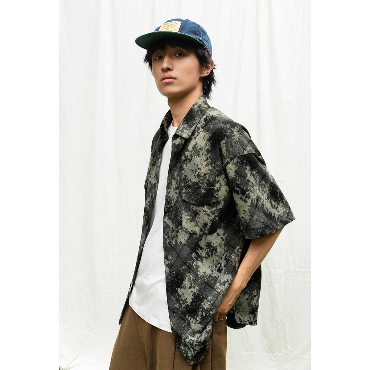 菱格扎染日系工装花衬衫夏季潮男