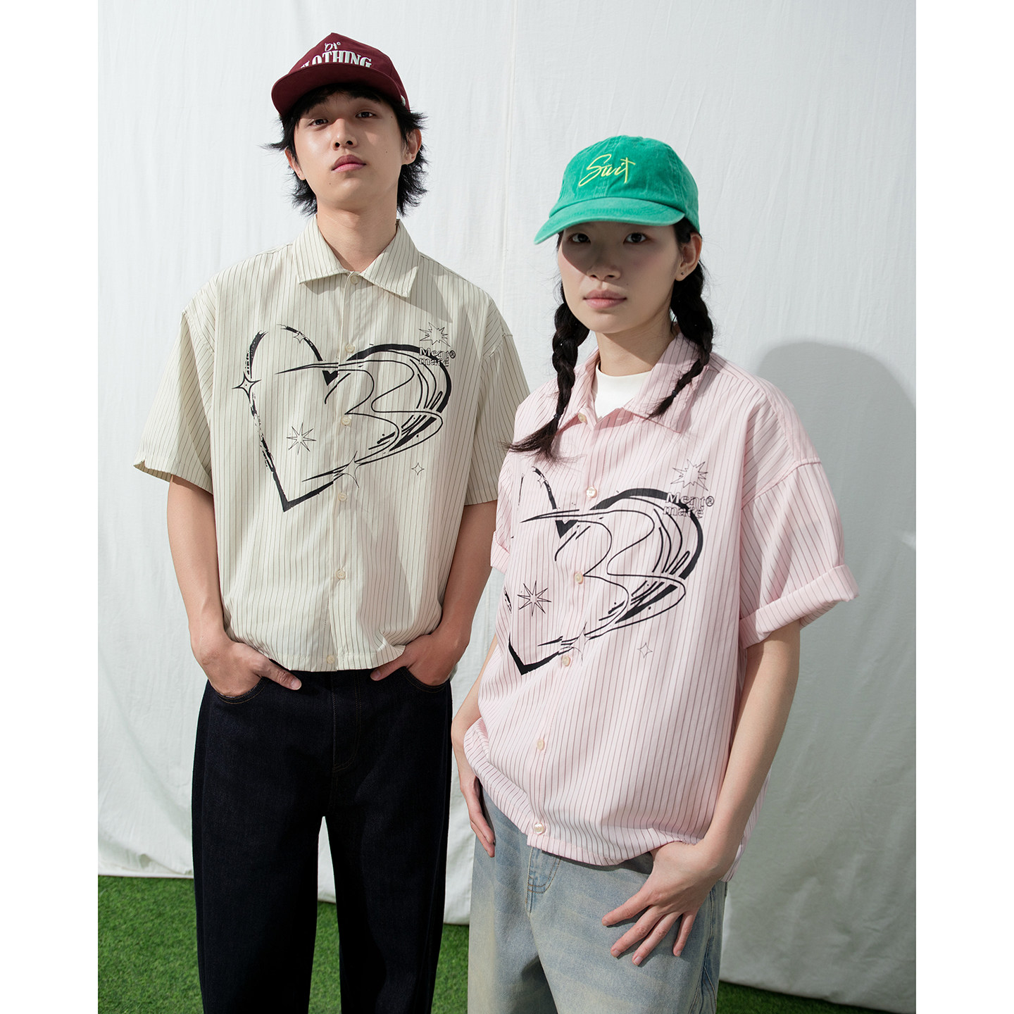 Mentmate 26SS 韩版春夏涂鸦爱心条纹衬衫 男女情侣宽松短袖衬衣