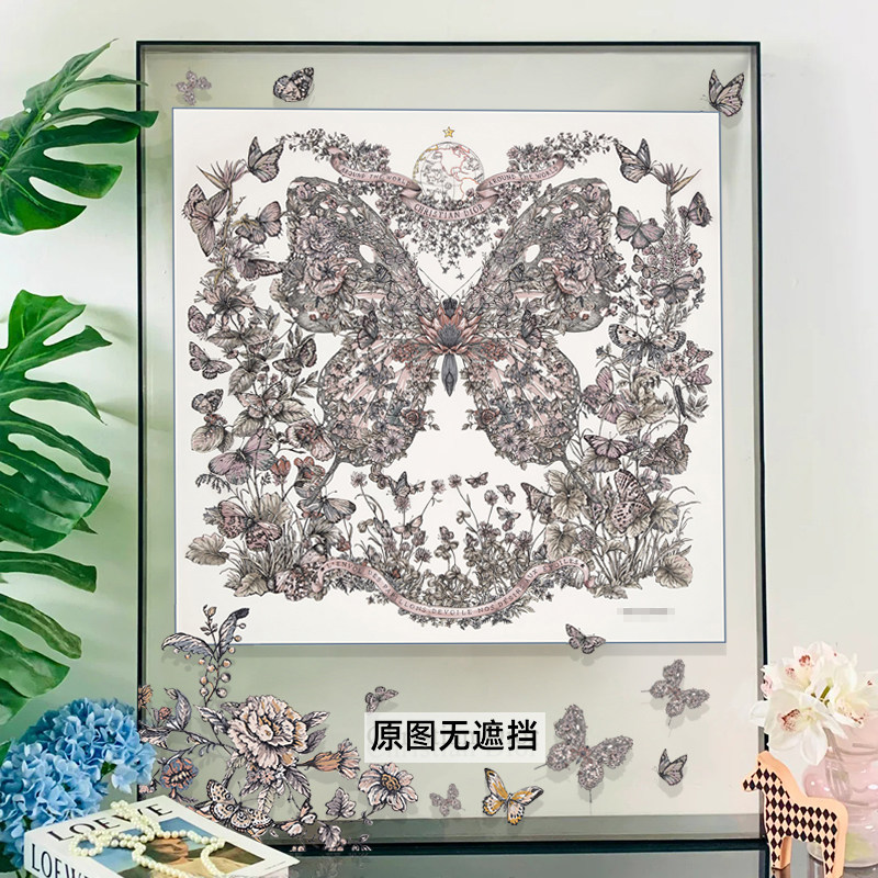 酒店高档亚克力框装饰画奢侈品店轻奢蝴蝶丝巾装裱挂画客厅摆画