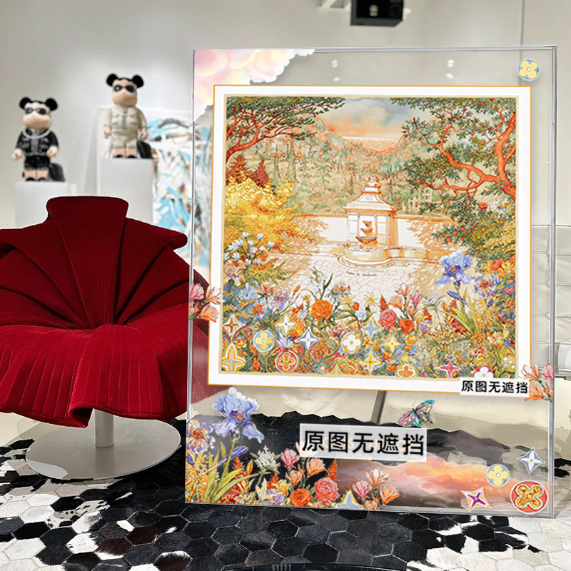轻奢客厅高级感挂画秘密花园丝巾装裱摆画玄关卧室高档亚克力框画