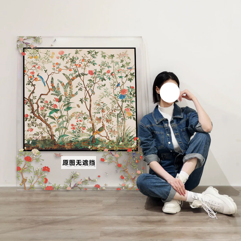 酒店高级亚克力框装饰画玄关中古风鸟语花香摆画卧室丝巾装裱挂画
