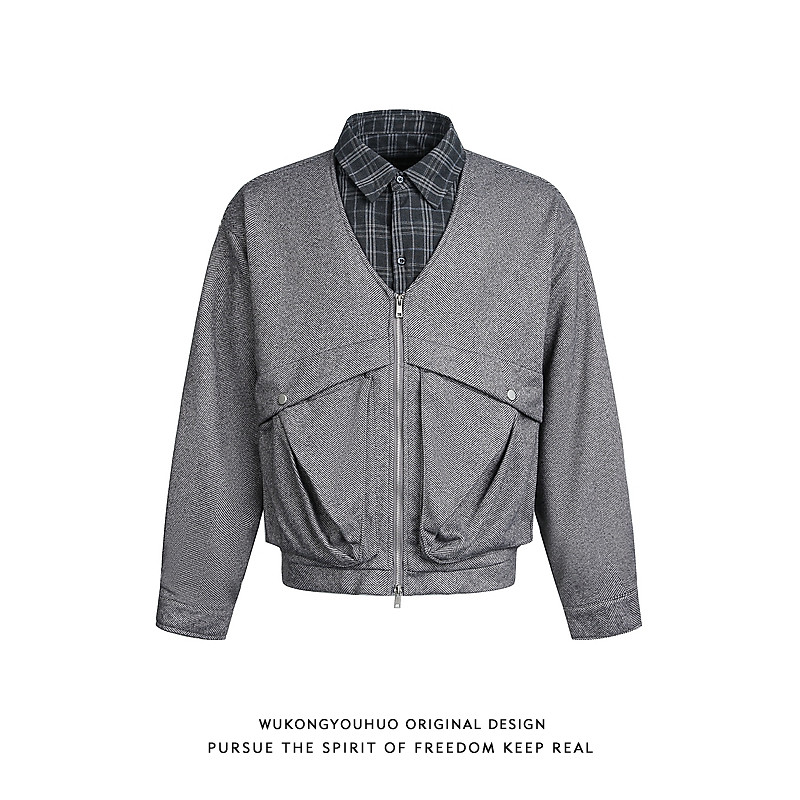 悟空有货潮牌美式格子拼接假两件翻领夹克男春季宽松百搭短款外套,男装,夹克,淘宝优惠券,粉丝福利购,淘宝优惠卷