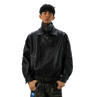 悟空有货美式双层领PU皮衣夹克男女潮牌高街痞帅防风情侣机车外套