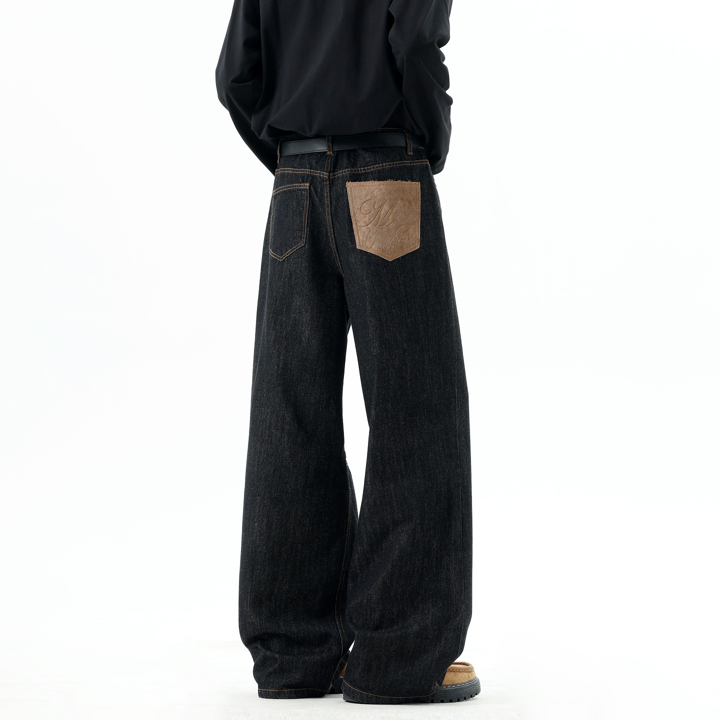 悟空有货潮牌美式复古贴布丹宁直筒牛仔裤男宽松潮流百搭阔腿长裤